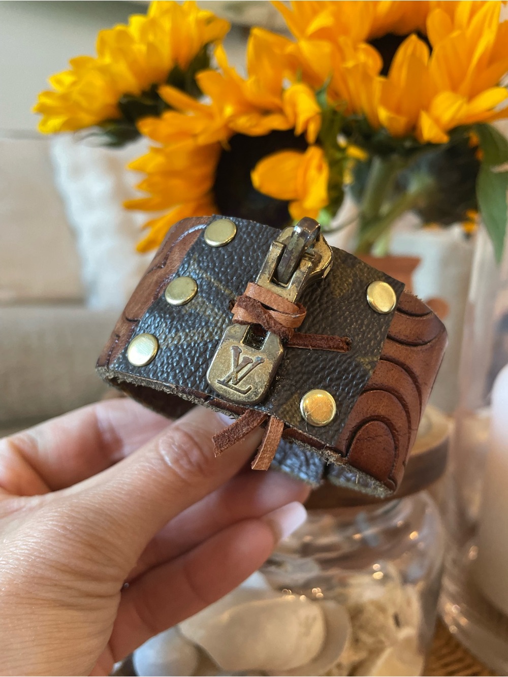 Louis Vuitton Brown and Gold Leather Cuff Bracelet with Signature Zipper Pull